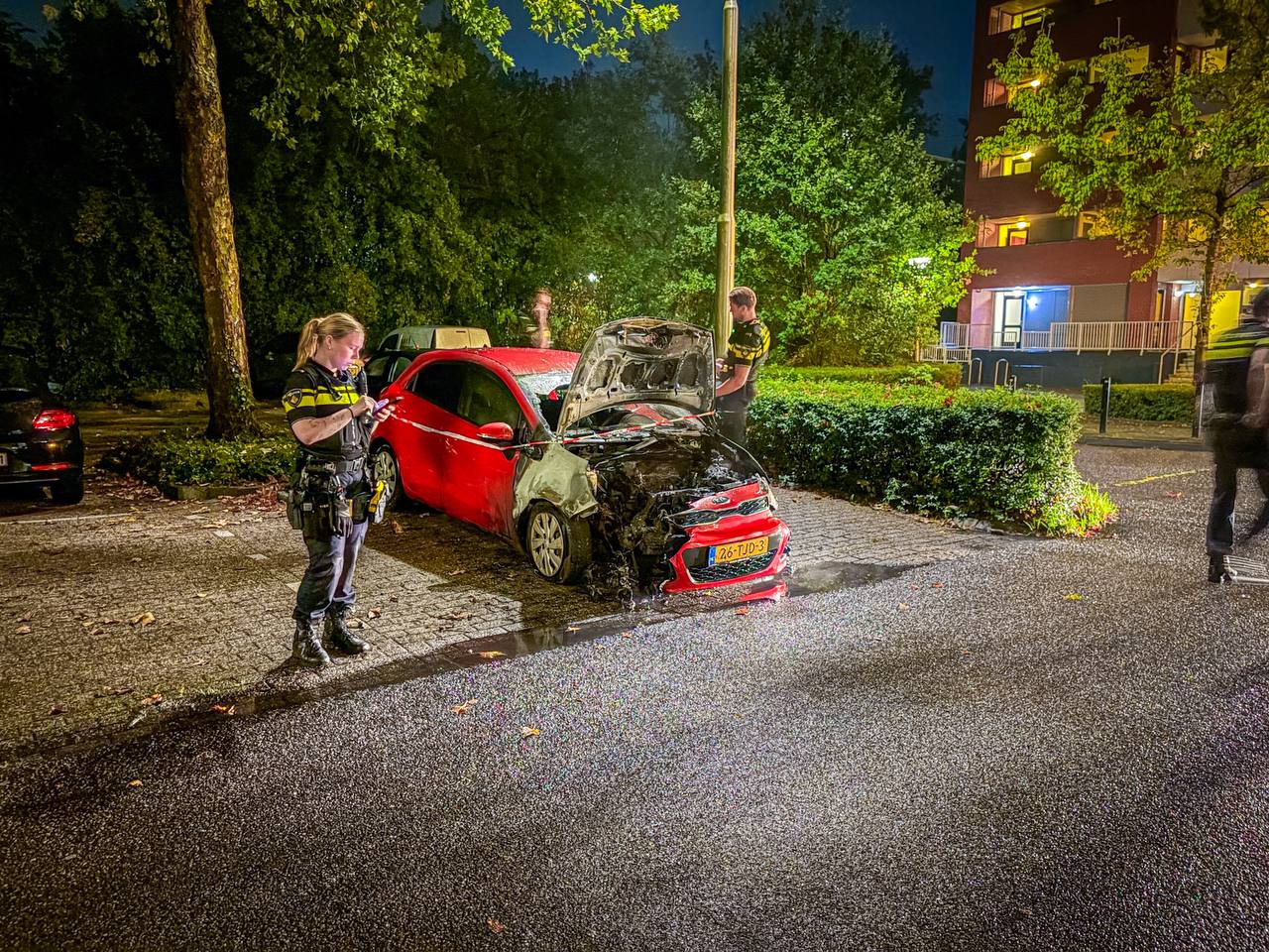 Auto volledig verwoest door nachtelijke brand, politie onderzoekt mogelijke brandstichting - foto